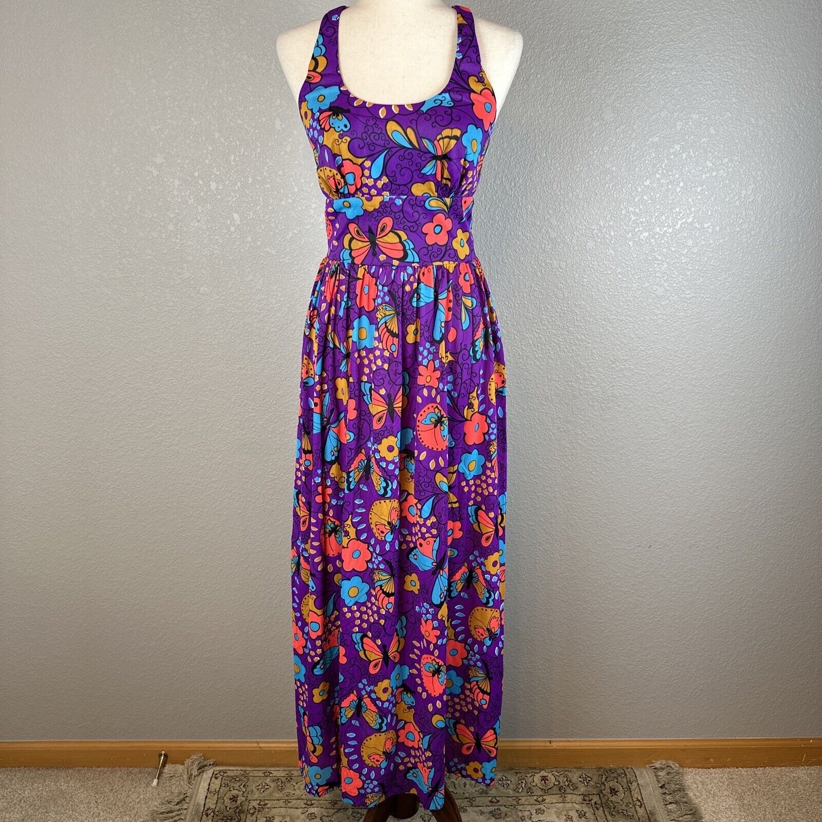 Vintage 60s Kamehameha Maxi Dress Purple Butterfly Floral Small Made In Hawaii
